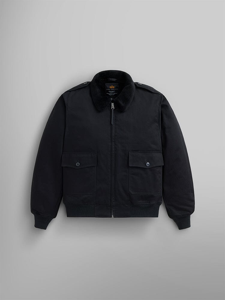 1940s B-10 Bomber Jacket by Alpha Industries in black, features a retro style with a faux fur collar, zip closure, and two buttoned front pockets.