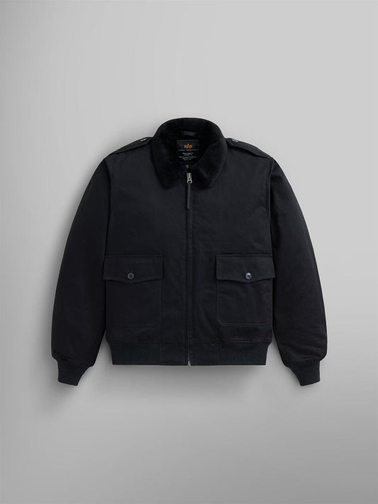 1940s B-10 Bomber Jacket by Alpha Industries in black, features a retro style with a faux fur collar, zip closure, and two buttoned front pockets.