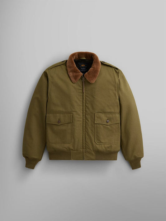 1940s B-10 Bomber Jacket by Alpha Industries, in an olive color, comes with a brown shearling collar, front zipper, and two buttoned pockets.