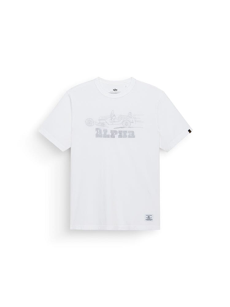 Alpha Industries 1940s Gp Jeep Tee white short-sleeve graphic tee with light gray faded race car and Alpha print on front, logo tag on 210 gsm bottom hem.