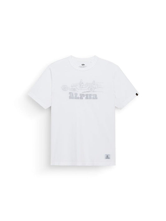 Alpha Industries 1940s Gp Jeep Tee white short-sleeve graphic tee with light gray faded race car and Alpha print on front, logo tag on 210 gsm bottom hem.