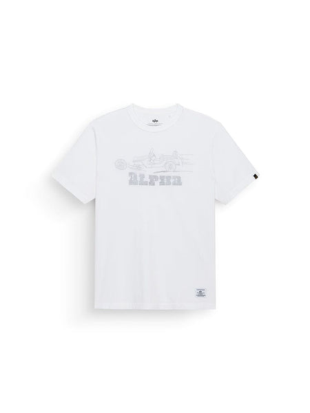 Alpha Industries 1940s Gp Jeep Tee white short-sleeve graphic tee with light gray faded race car and Alpha print on front, logo tag on 210 gsm bottom hem.