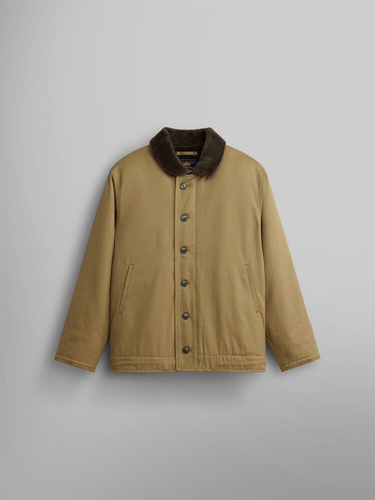 The 1940s N-1 Deck Jacket by Alpha Industries, featuring a khaki shade and a contrasting dark collar reminiscent of a US Navy deck jacket.