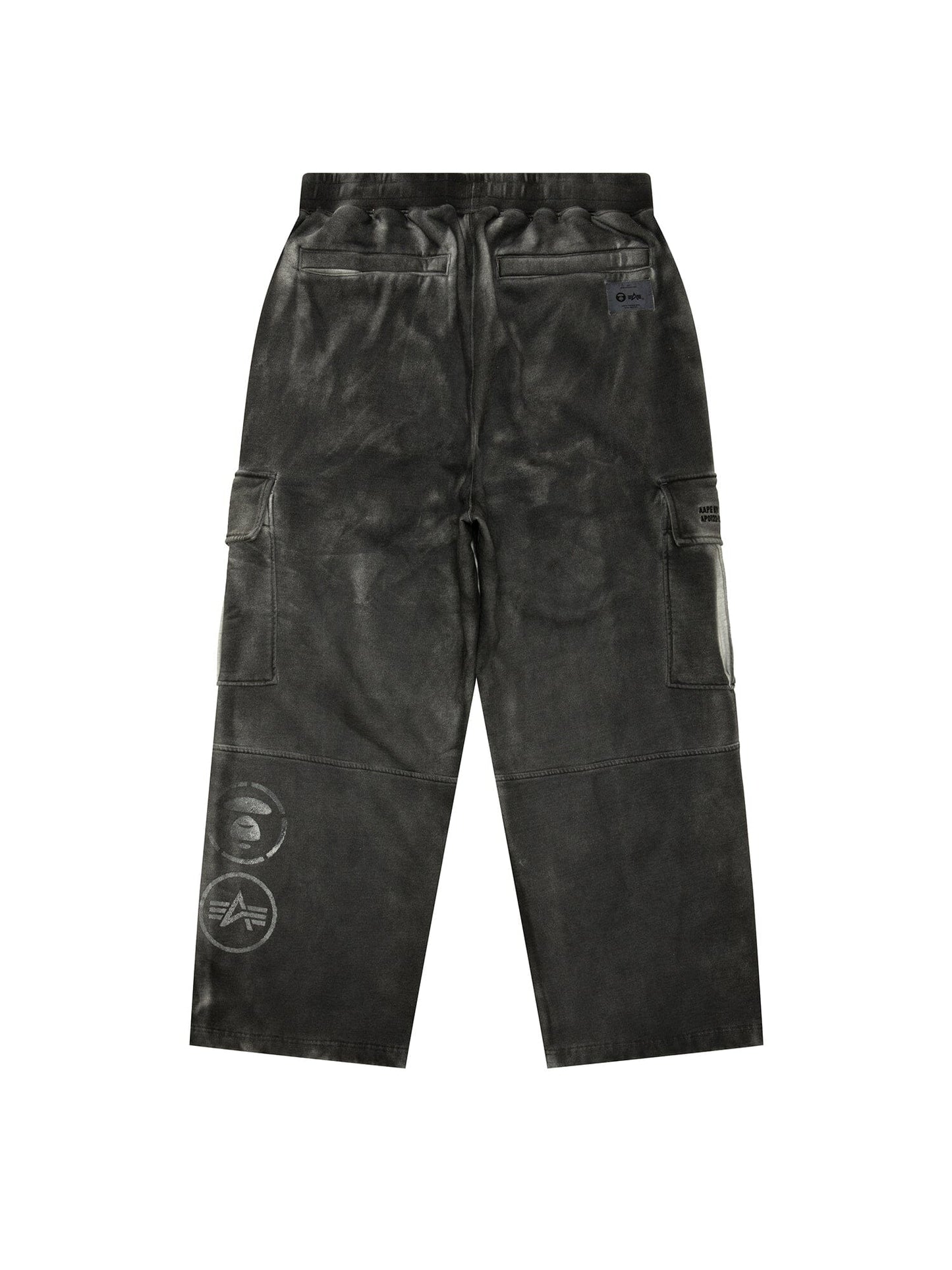 Aape X Alpha Army Sweatpant by Alpha Industries, dark green, military elements, back and side pockets, visible seam details, graphic logos on left leg.