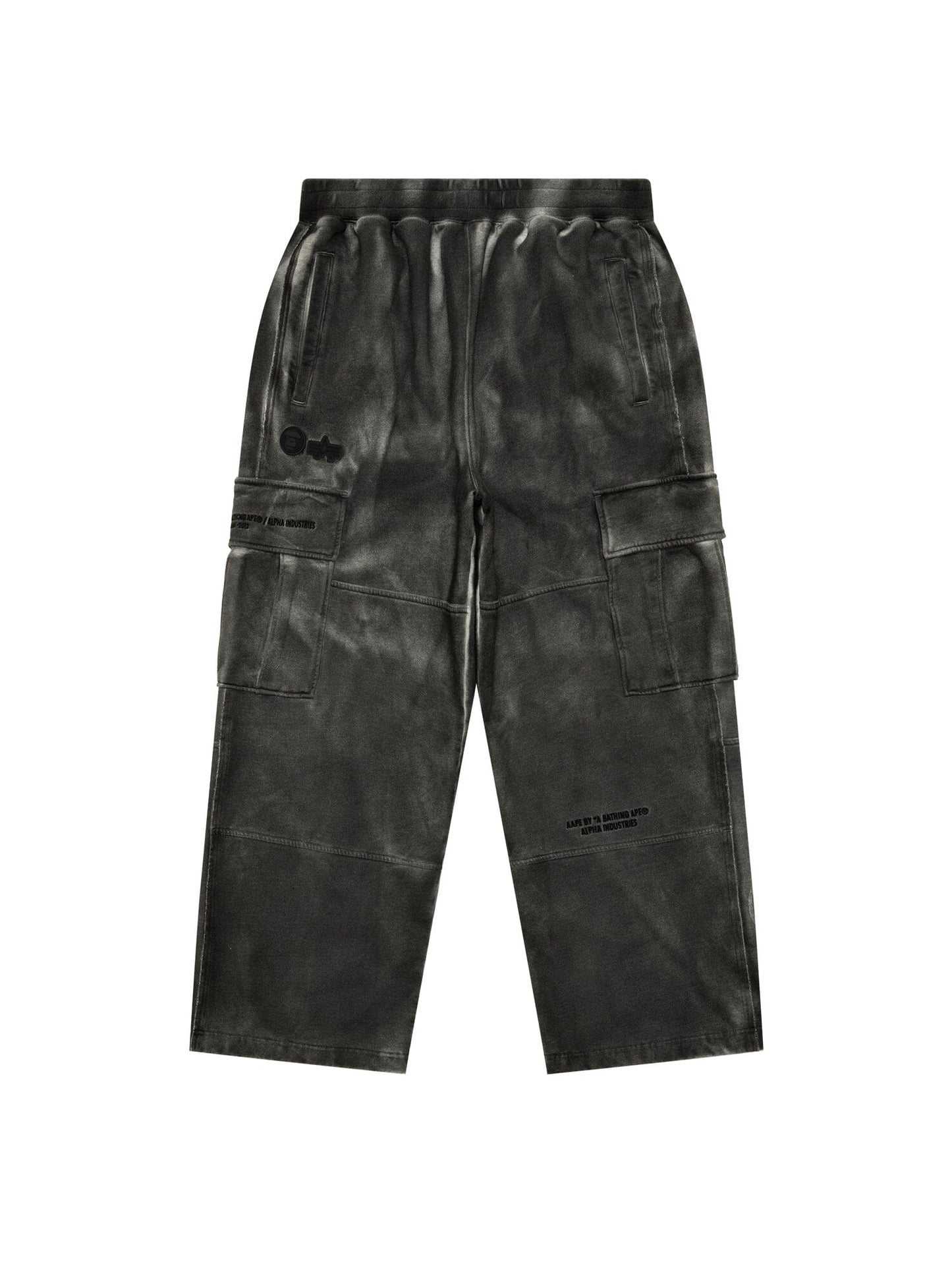 Aape X Alpha Army Sweatpant by Alpha Industries in black with wide legs, multiple pockets, and subtle printed text.