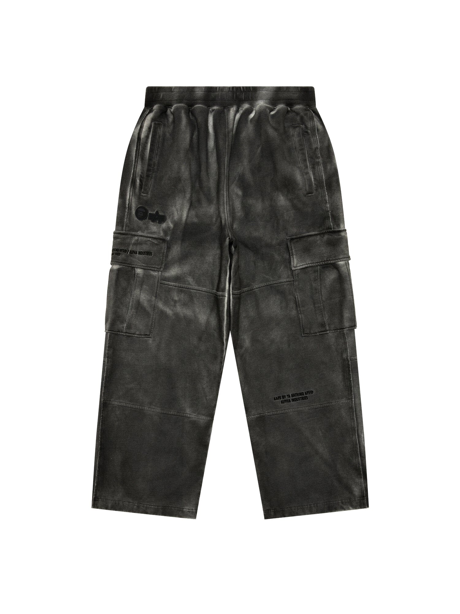 Aape X Alpha Army Sweatpant by Alpha Industries in black with wide legs, multiple pockets, and subtle printed text.