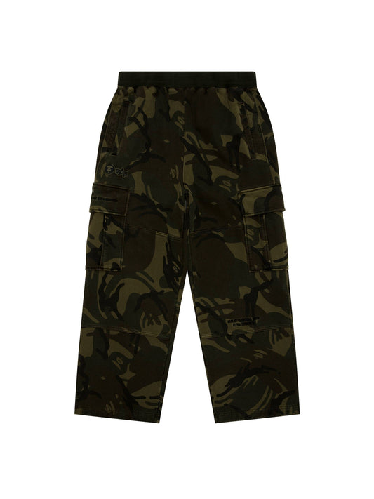 Aape X Alpha Camo Army Sweatpant by Alpha Industries, camouflage pattern, loose fit, side pockets, elastic waistband.