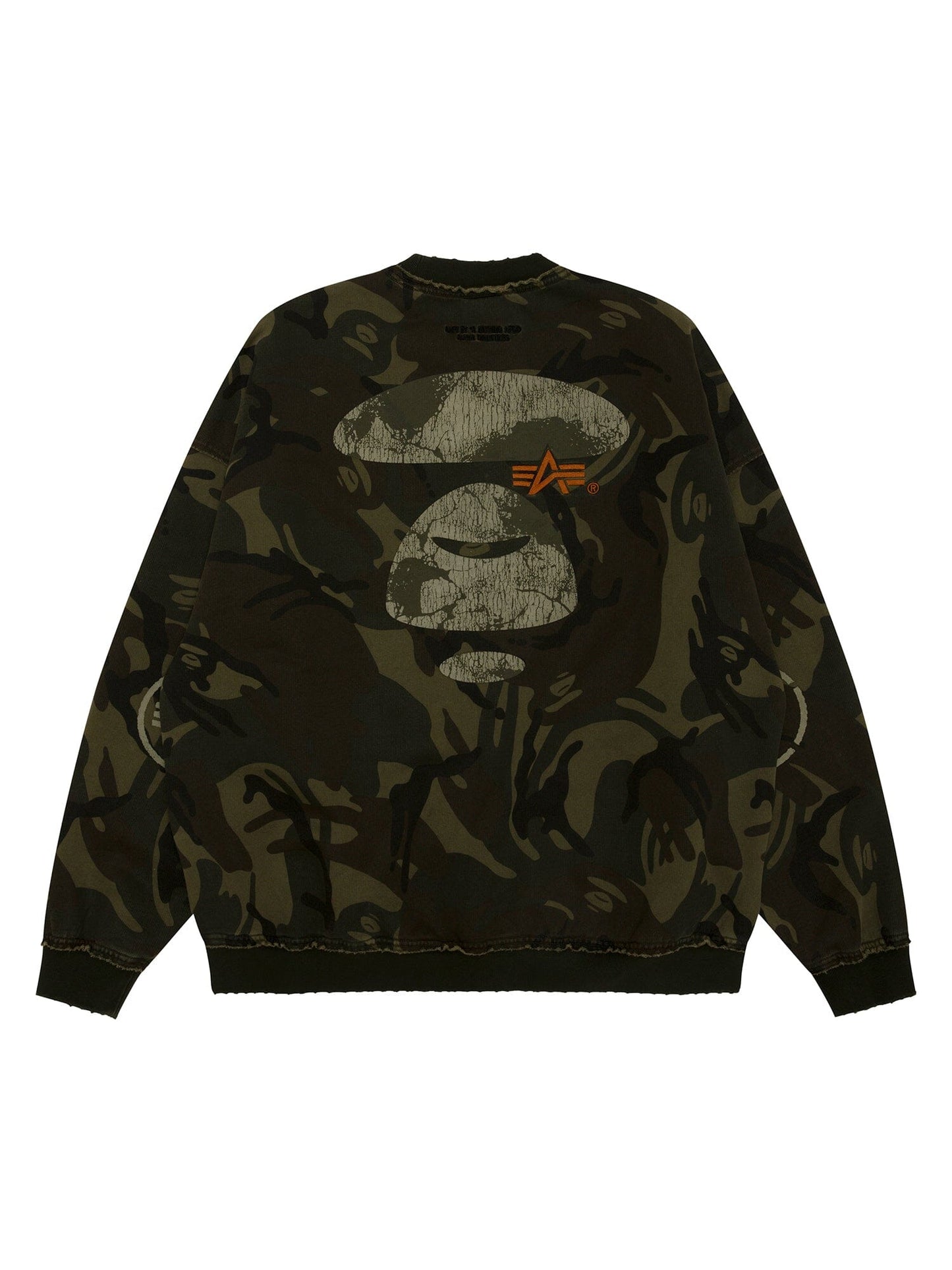 Aape X Alpha Camo Crewneck Sweatshirt by Alpha Industries, camouflage pattern, distressed mushroom graphic, orange star logo on back.