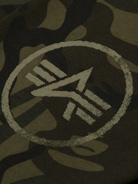 Aape X Alpha Camo Crewneck Sweatshirt by Alpha Industries, camouflage fabric, circular emblem with stylized “A” and three parallel lines.