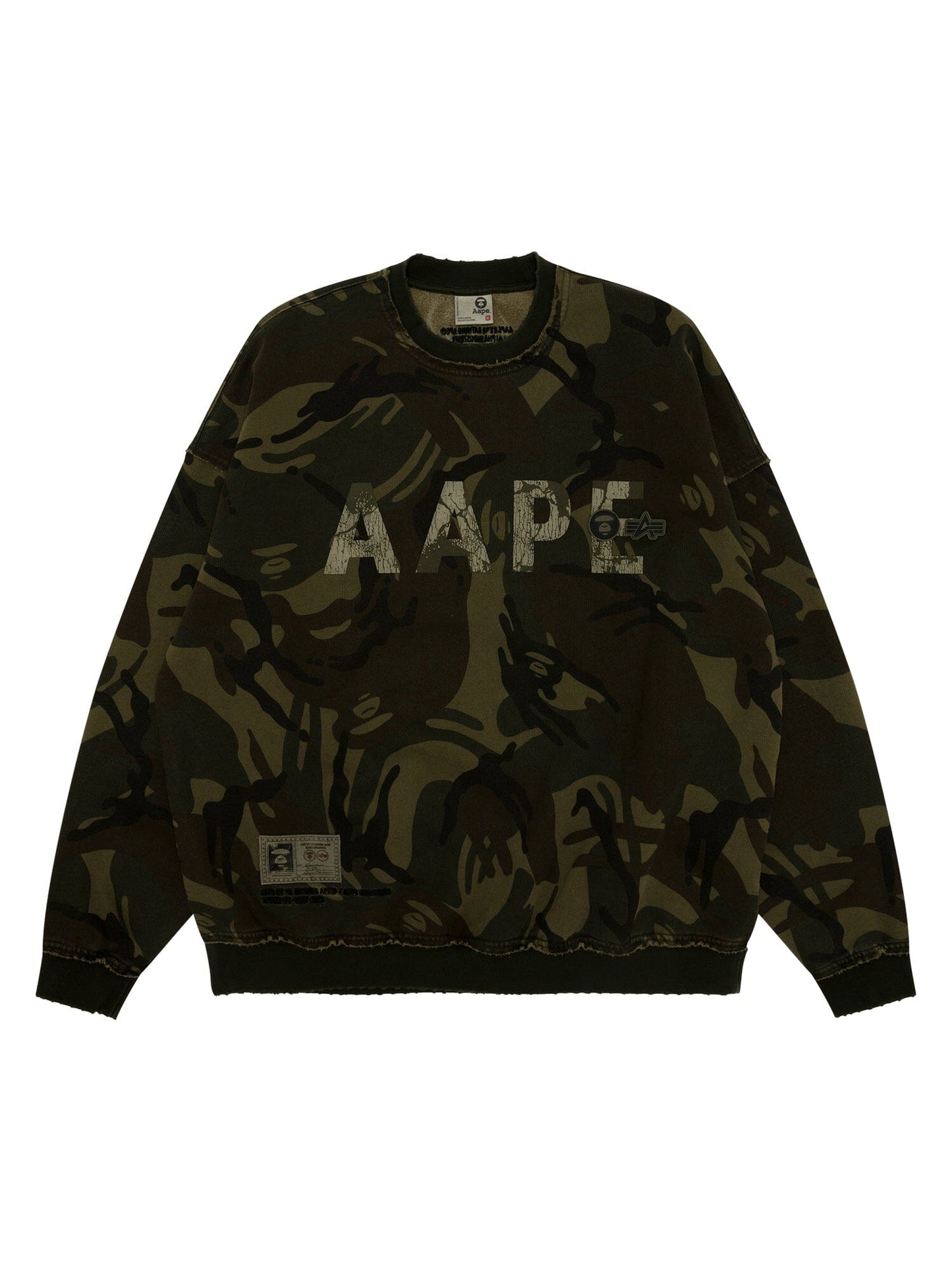 Aape X Alpha Camo Crewneck Sweatshirt by Alpha Industries, camo color, front Aape print, small logo patch near hem.