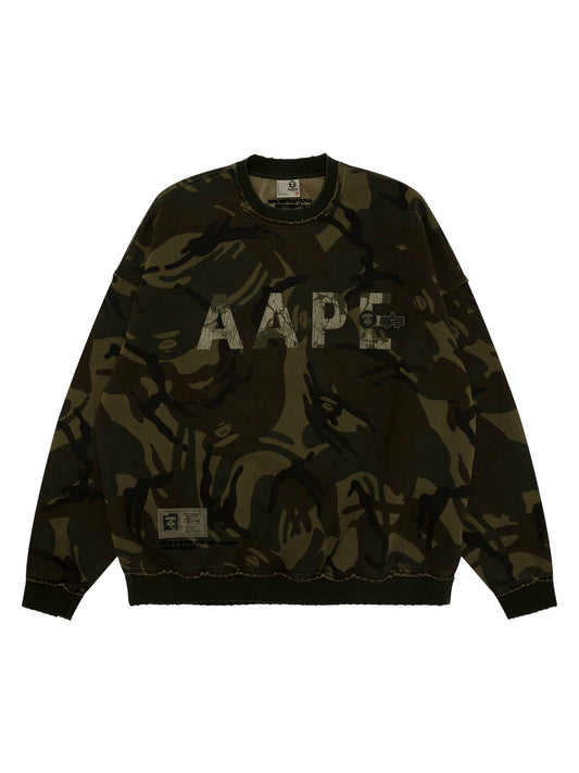 Aape X Alpha Camo Crewneck Sweatshirt by Alpha Industries, camo color, front Aape print, small logo patch near hem.