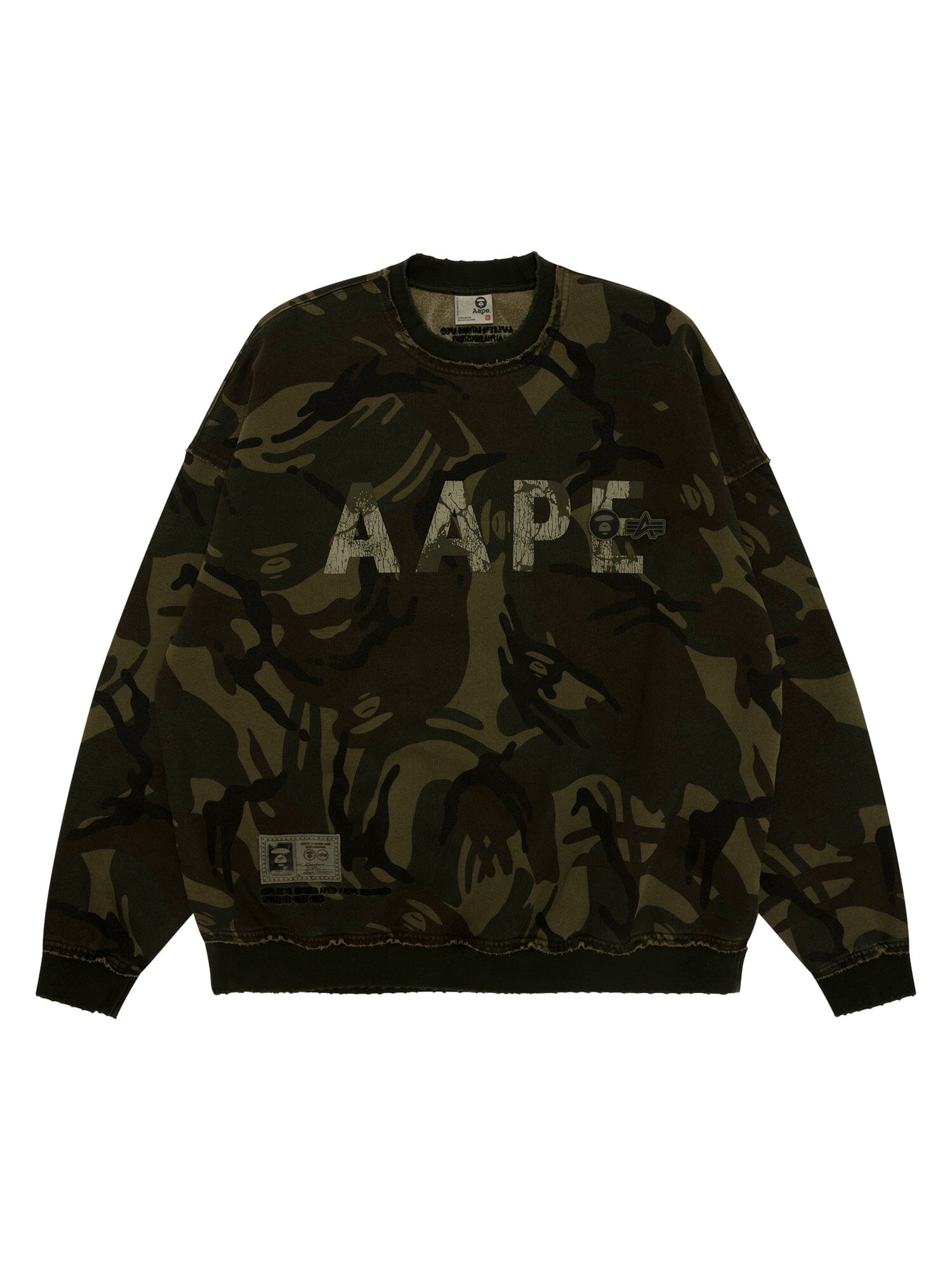 Aape X Alpha Camo Crewneck Sweatshirt by Alpha Industries, camo color, front Aape print, small logo patch near hem.