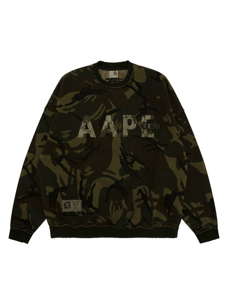 Aape X Alpha Camo Crewneck Sweatshirt by Alpha Industries, camo color, front Aape print, small logo patch near hem.