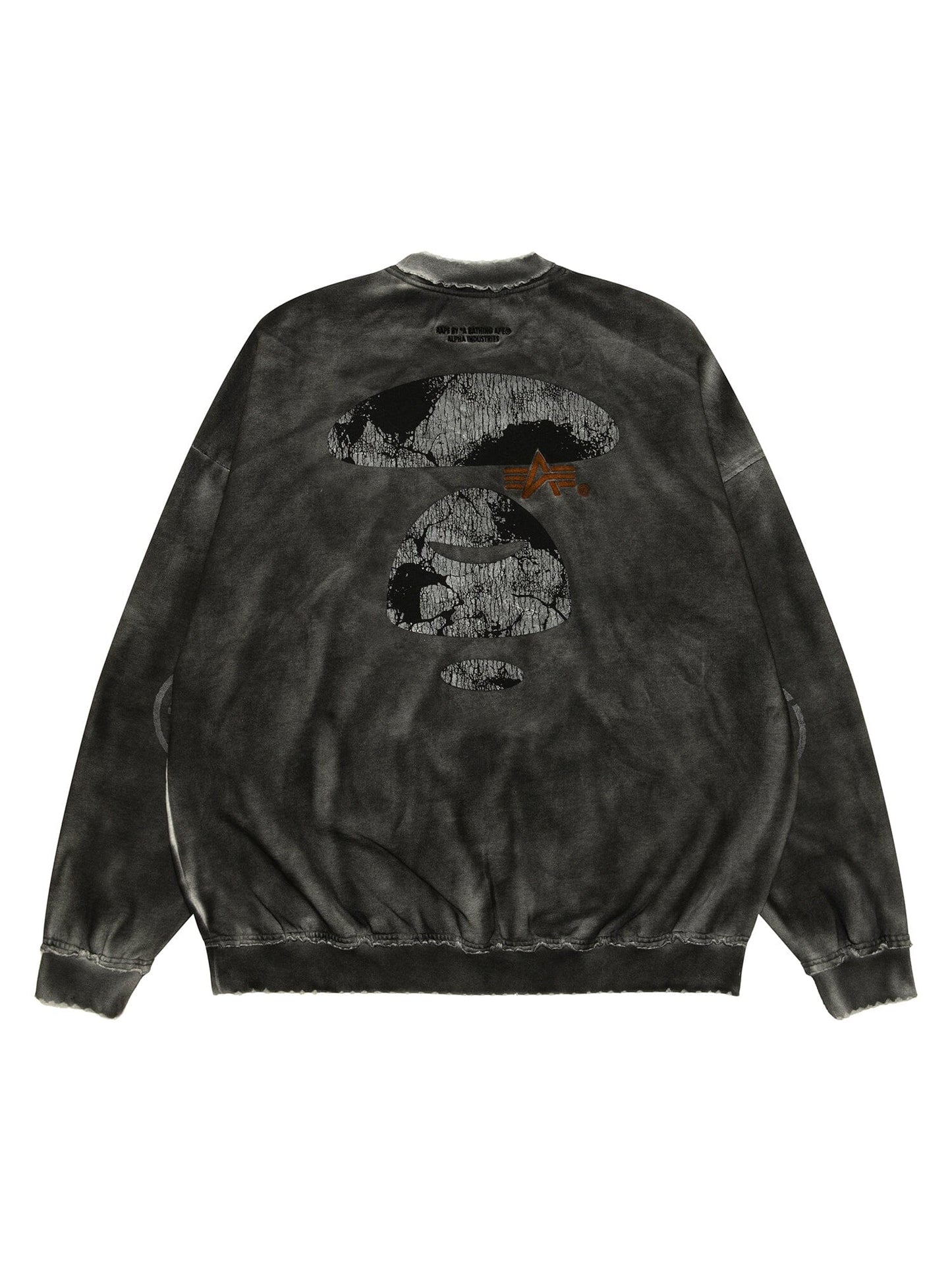 Aape x Alpha Crewneck Sweatshirt by Alpha Industries, dark green tie-dye, military-inspired design, abstract face with orange star graphic on back.