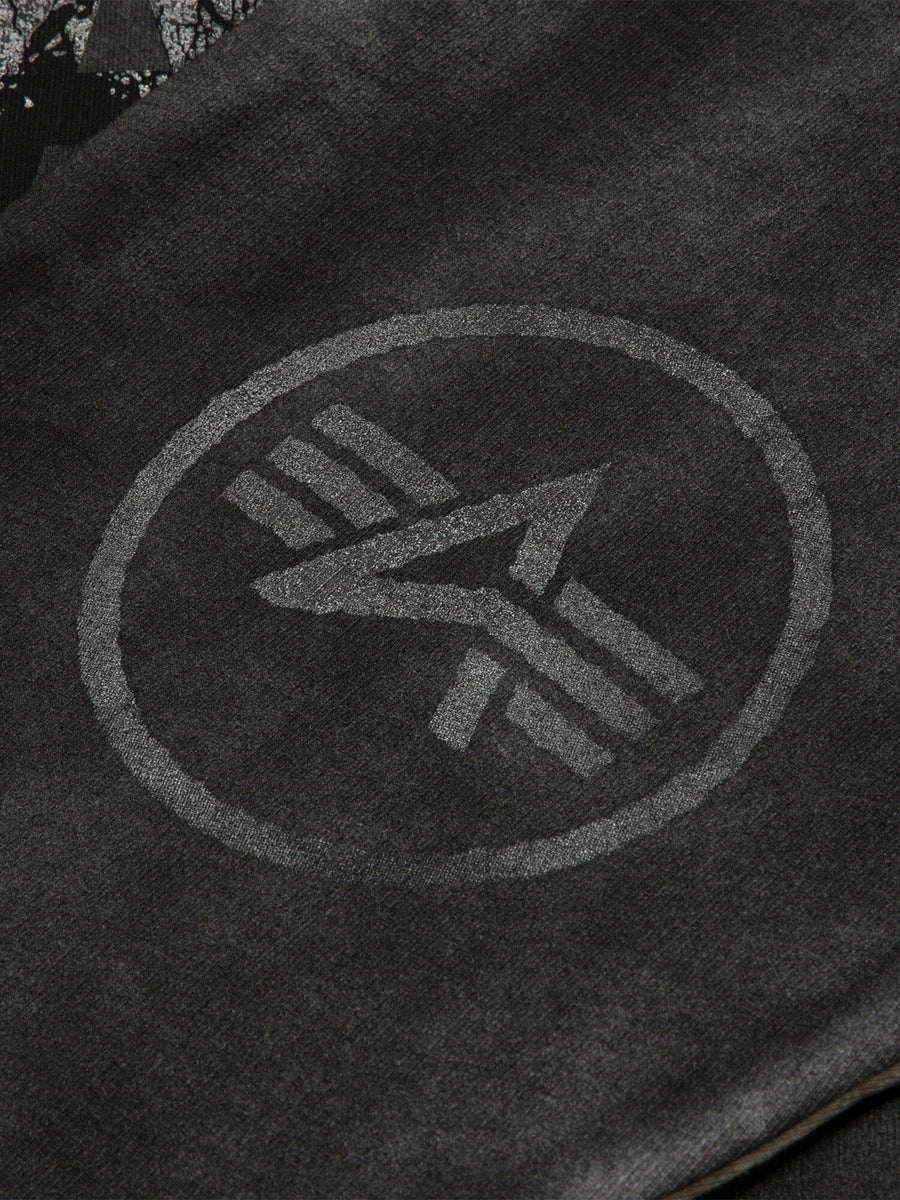 Aape X Alpha Crewneck Sweatshirt by Alpha Industries, featuring a circular geometric logo with three parallel lines crossed by an angled line at the center.
