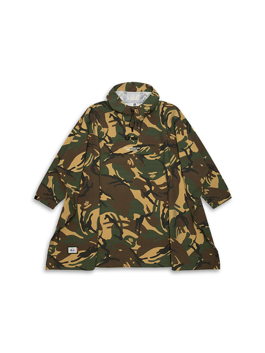 AAPE x Alpha Industries 2 Layer Rain Jacket in Camo with High Collar, Front Pocket, and Side Snaps. Made from Waterproof Materials.