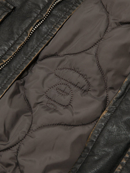 Aape X Alpha Pu Leather Quilted Jacket by Alpha Industries, brown quilted lining, embroidered accents, visible zipper.