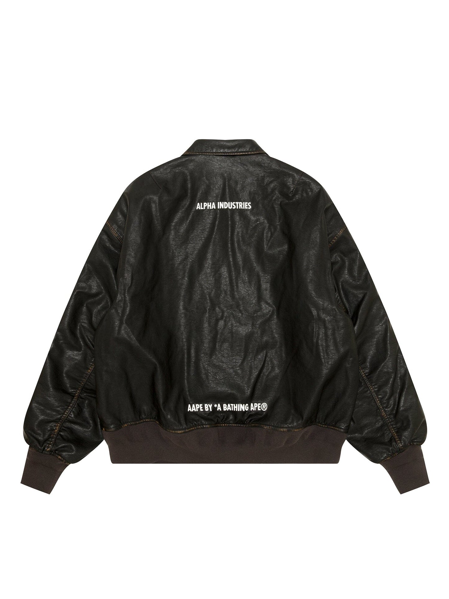 Aape X Alpha Pu Leather Quilted Jacket by Alpha Industries, black pu leather with quilted design, MA-1 silhouette, white co-branding on back.