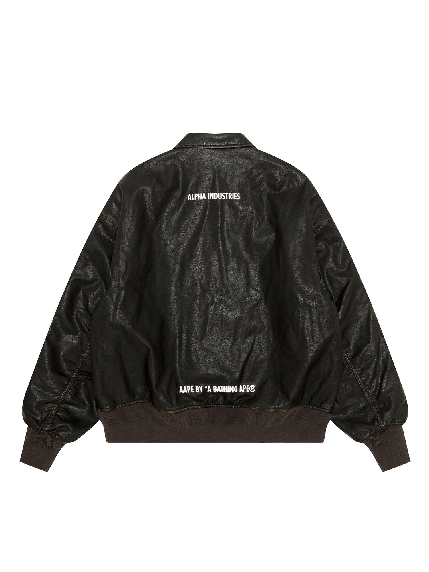 Aape X Alpha Pu Leather Quilted Jacket by Alpha Industries, black pu leather with quilted design, MA-1 silhouette, white co-branding on back.