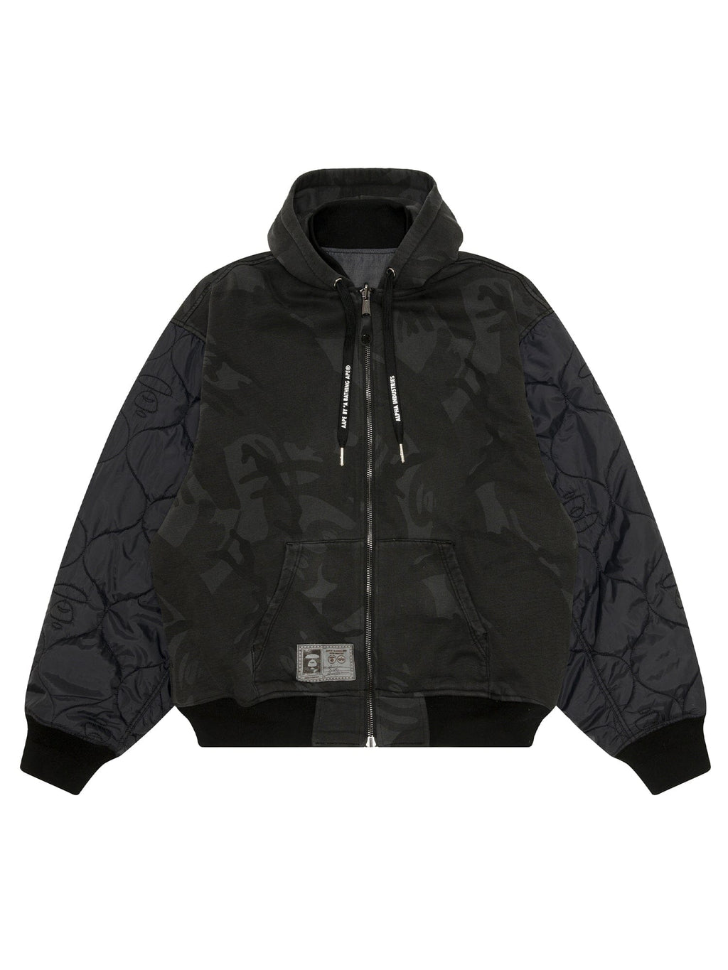 Aape X Alpha Reversible Padded MA-1 Quilted Jacket by Alpha Industries, black hood, quilted sleeves, camo body, front pockets, patch near hem.