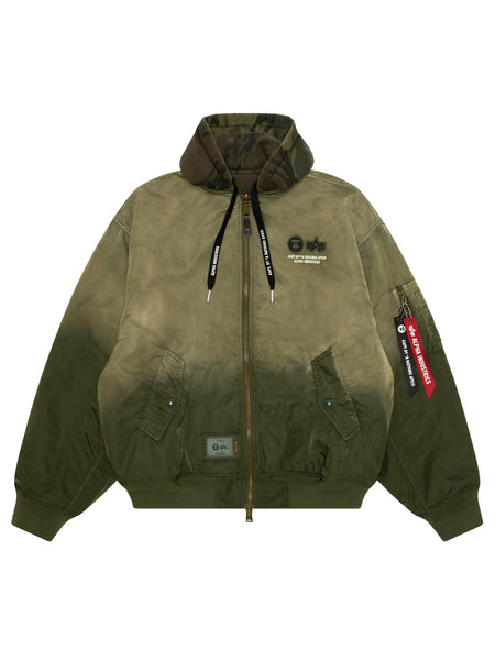 Aape x Alpha Industries MA-1 Quilted Jacket, green, reversible, padded, front pockets, zip closure, camo-print hood, branded zipper pulls.