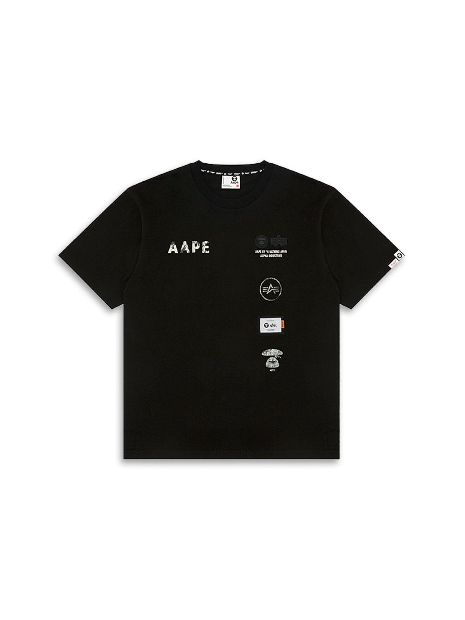 The AAPE X Alpha Somewhere In Universe Tee by Alpha Industries is a black T-shirt with white and grey logo patches and AAPE on the front.