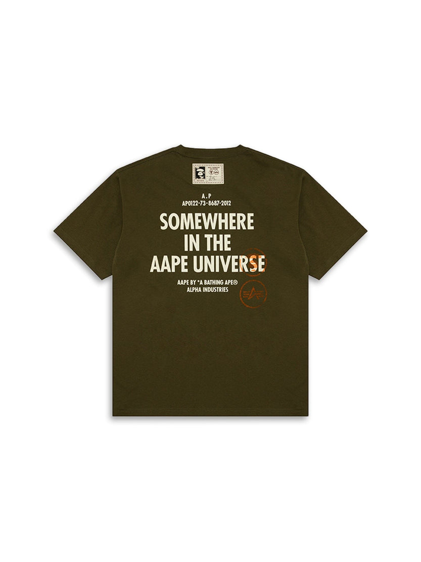 AAPE x Alpha Tee by Alpha Industries. Olive green T-shirt with vintage distressed look, featuring Somewhere in the AAPE Universe on the back.
