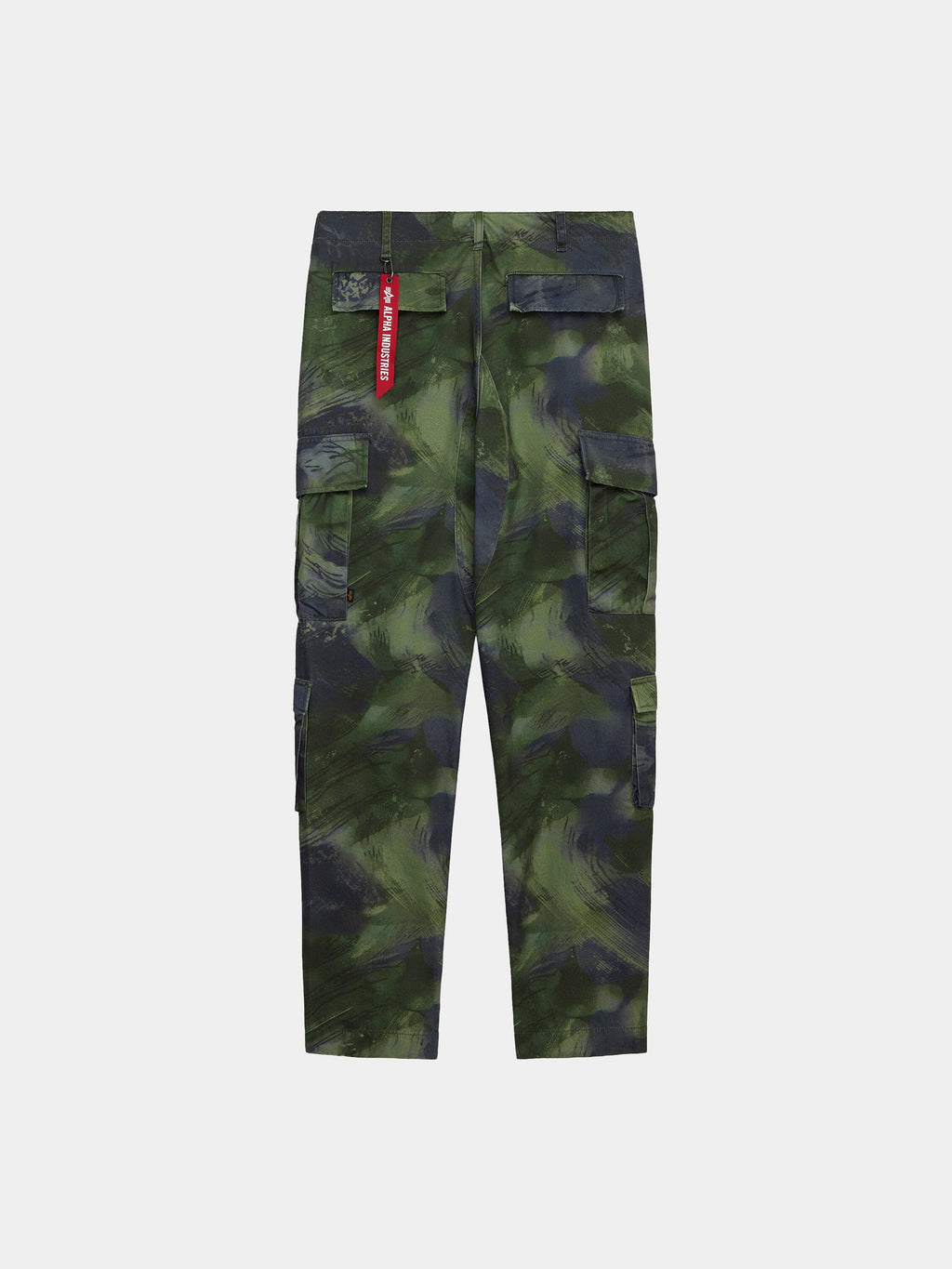 Alpha Industries Acu Pant in green camouflage with utility side and back pockets and a red tag on the right back pocket.