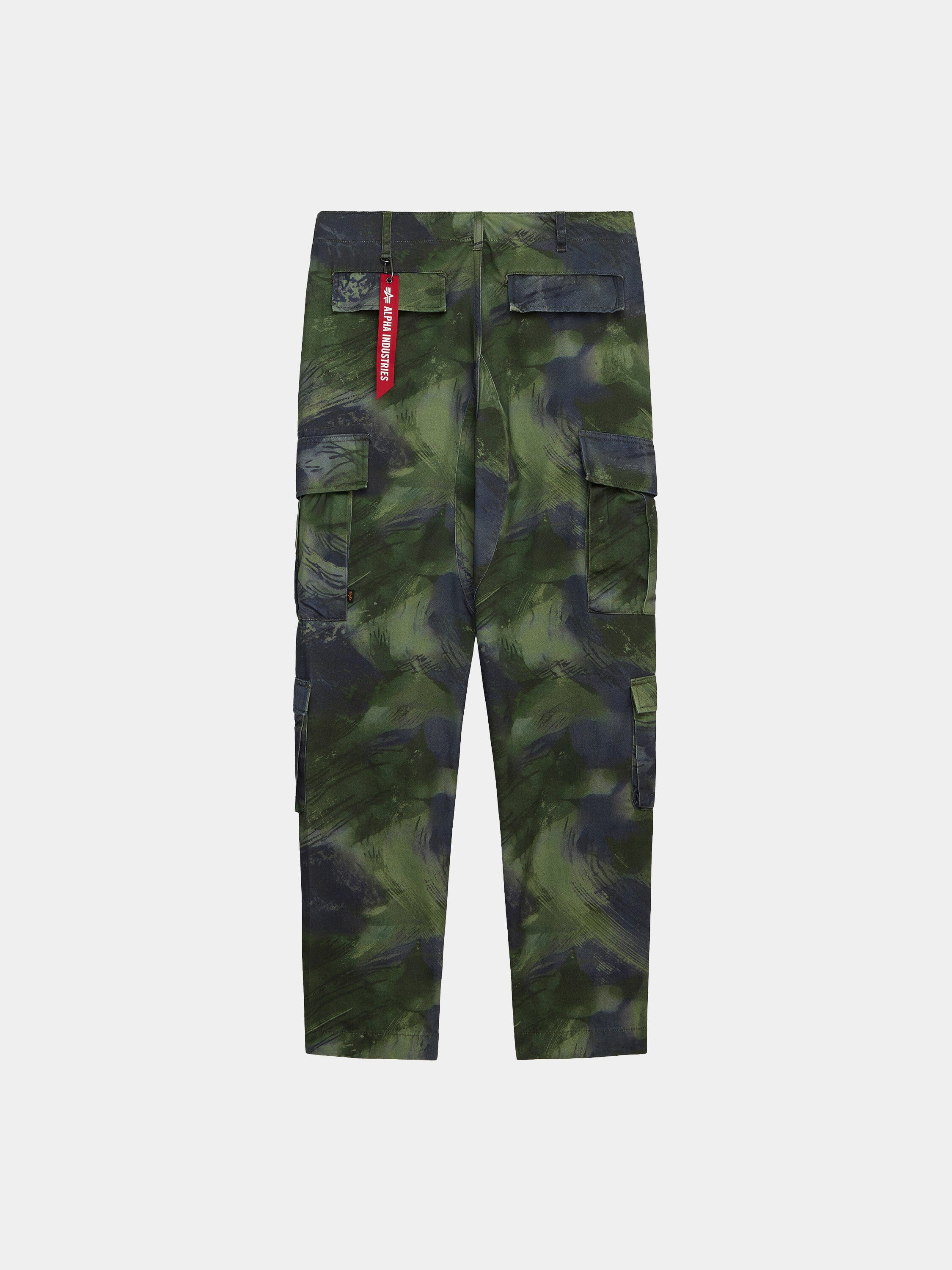 Alpha Industries Acu Pant in green camouflage with utility side and back pockets and a red tag on the right back pocket.