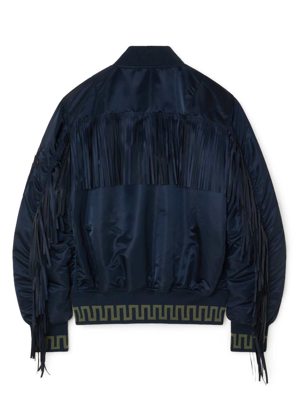 Alanui X Alpha Industries MA-1 Jacket, dark blue bomber with fringe on back and sleeves, green geometric pattern on cuffs and hem, patchwork bandana lining.