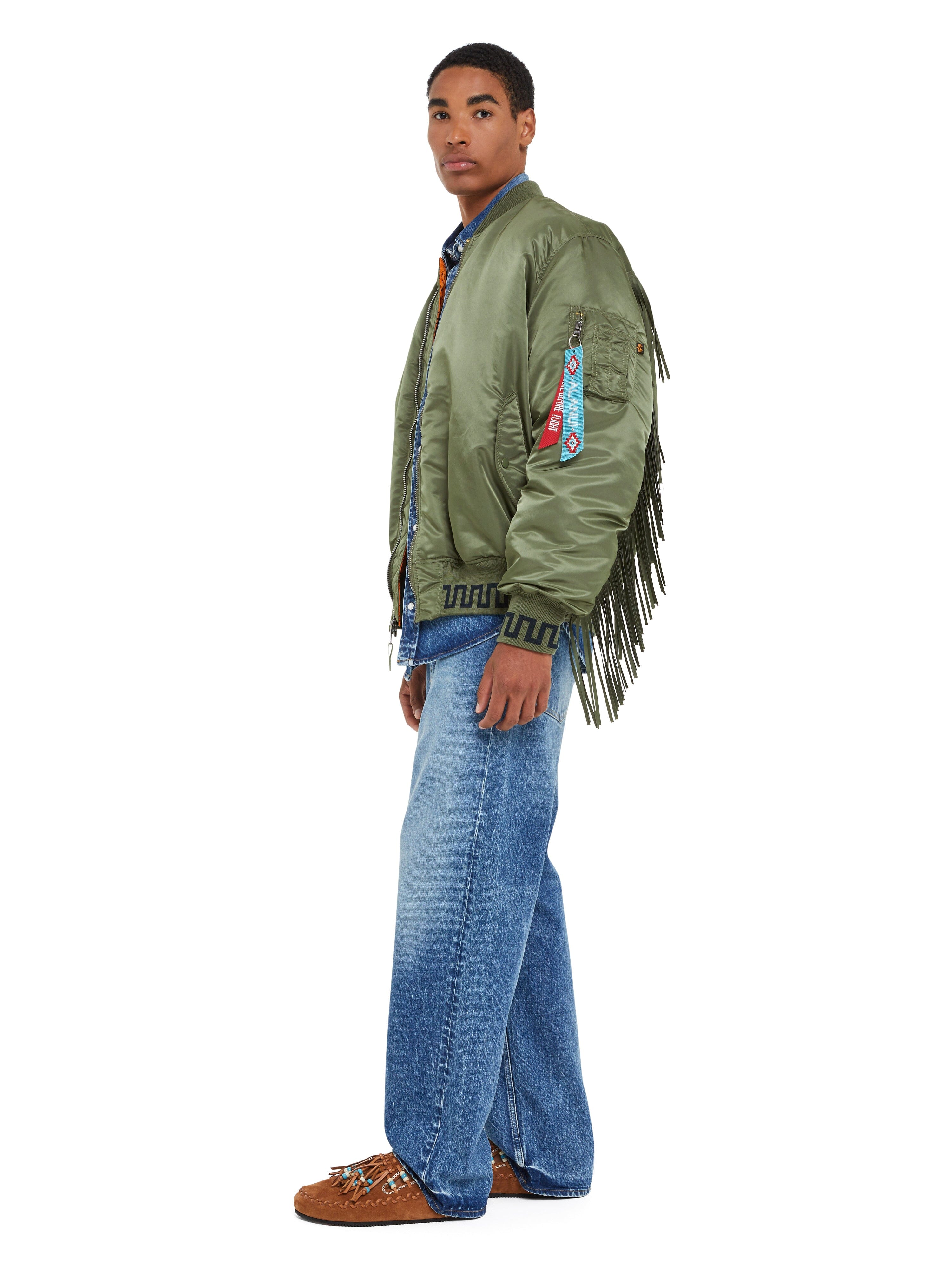 Alanui X Alpha Industries MA-1 Jacket, green nylon with front zipper closure.