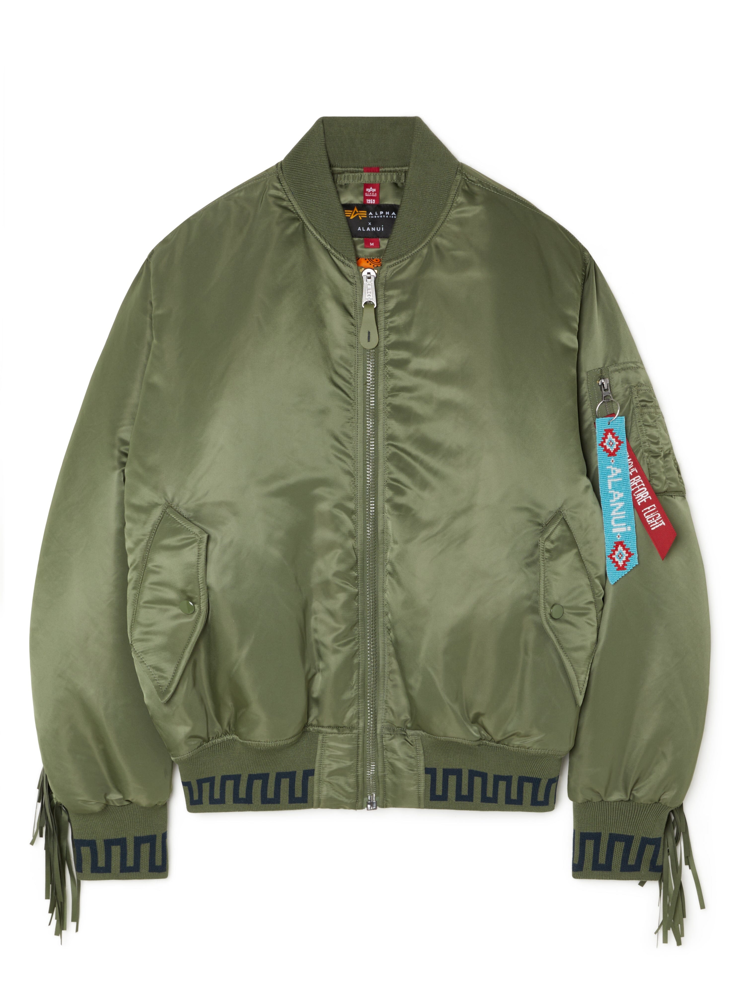 MA-1 Jacket by Alpha Industries, olive green, front zipper, ribbed cuffs and hem, two front pockets, sleeve pocket with fabric tags, patchwork bandana lining.