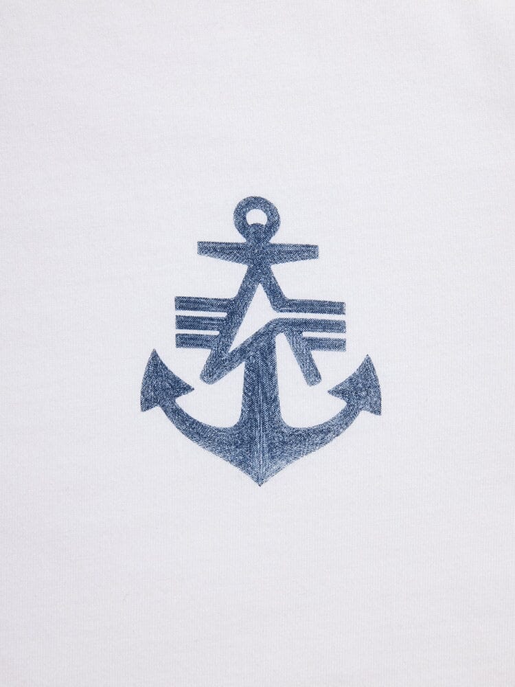 Alpha Anchor Print Tee by Alpha Industries, white cotton t-shirt with blue anchor print and stylized lines.
