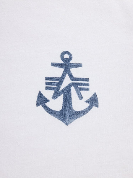 Alpha Anchor Print Tee by Alpha Industries, white cotton t-shirt with blue anchor print and stylized lines.
