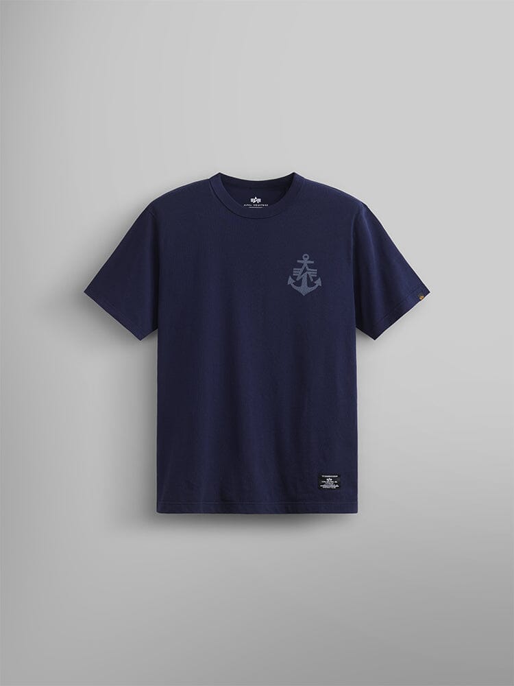 Alpha Anchor Print Tee by Alpha Industries in Replica Blue, with small anchor logo on left chest.