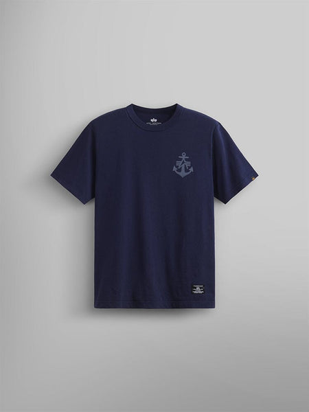 Alpha Anchor Print Tee by Alpha Industries in Replica Blue, with small anchor logo on left chest.