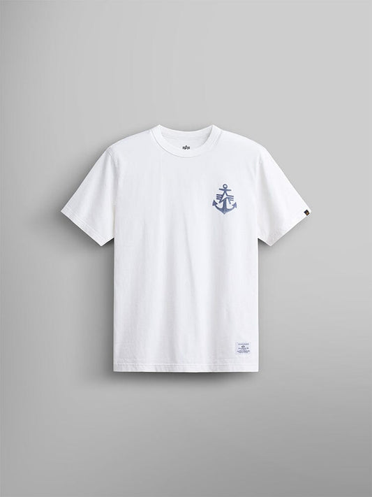 Alpha Anchor Print Tee by Alpha Industries, white cotton t-shirt with small blue anchor graphic on left chest.