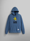 Alpha Badge Hoodie by Alpha Industries in Copen Blue with yellow character graphic and Alpha Industries text on front.