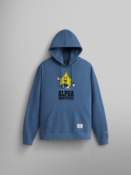 Alpha Badge Hoodie by Alpha Industries in Copen Blue with yellow character graphic and Alpha Industries text on front.