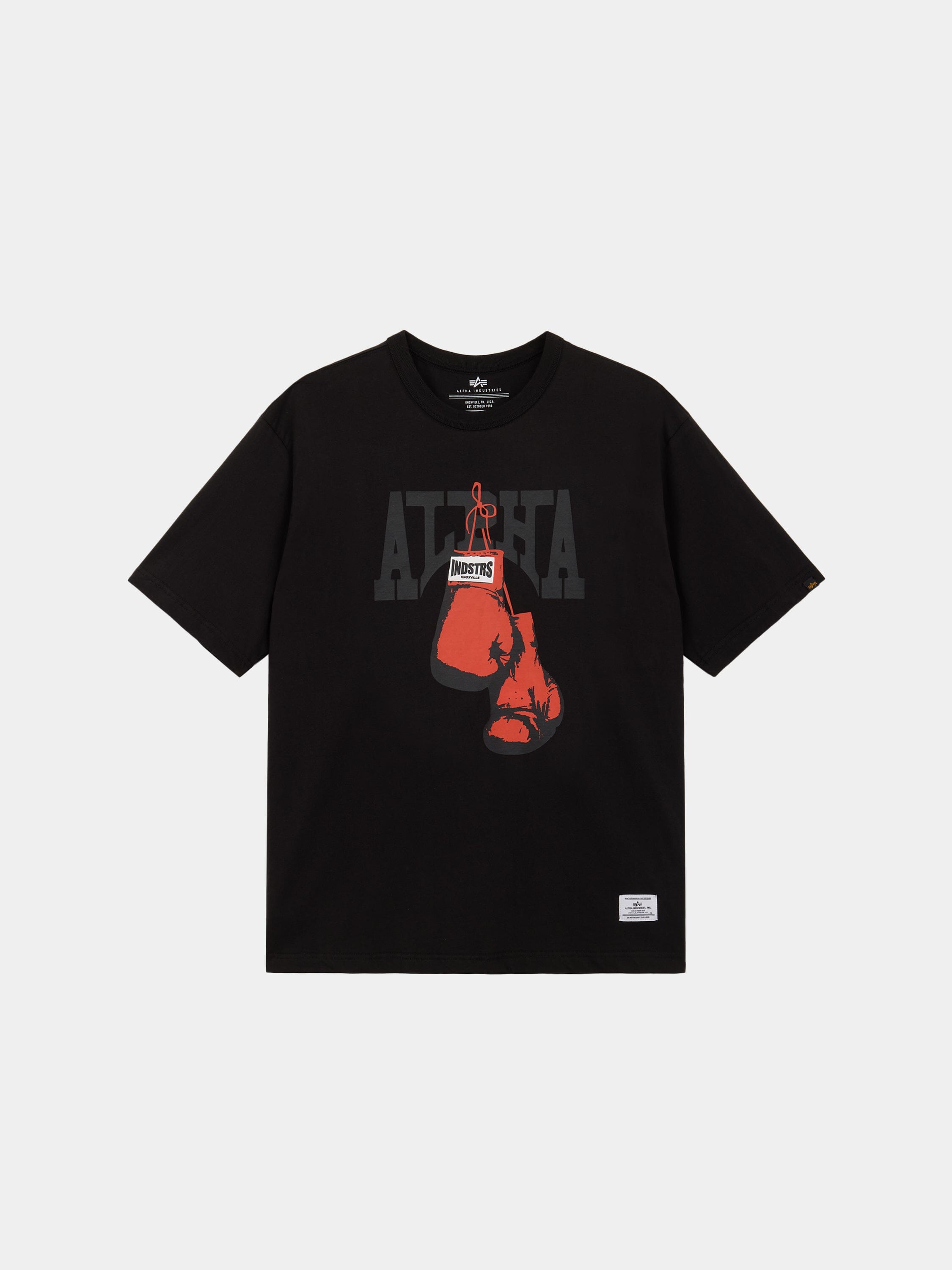Alpha Boxer Tee by Alpha Industries in Black made from 100% cotton with ALPHA lettering, red boxing gloves graphic, and Undisputed tag.