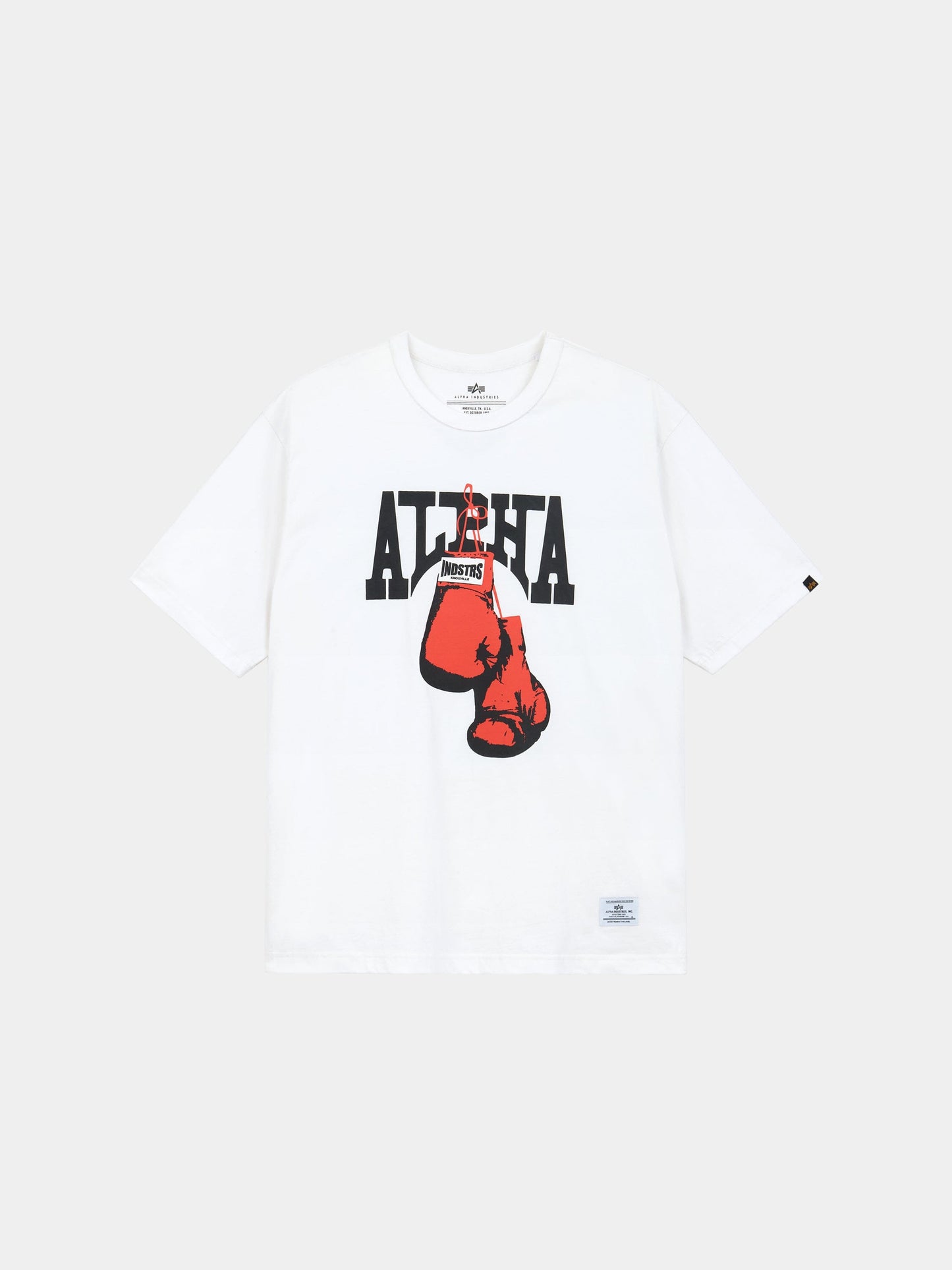 Alpha Boxer Tee by Alpha Industries in white, 100% cotton, with Ali Sha lettering and red boxing gloves graphic labeled Boxer.