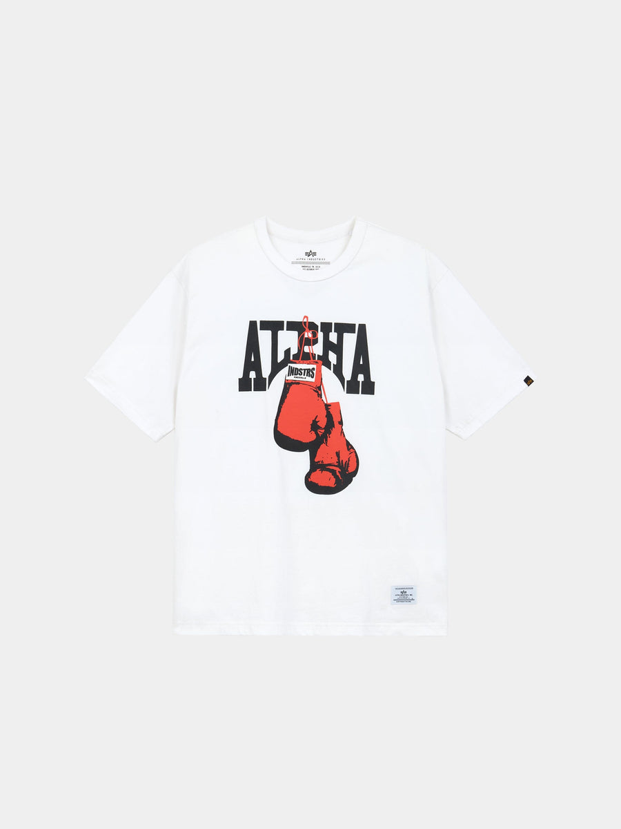 Alpha Boxer Tee by Alpha Industries in white, 100% cotton, with Ali Sha lettering and red boxing gloves graphic labeled Boxer.