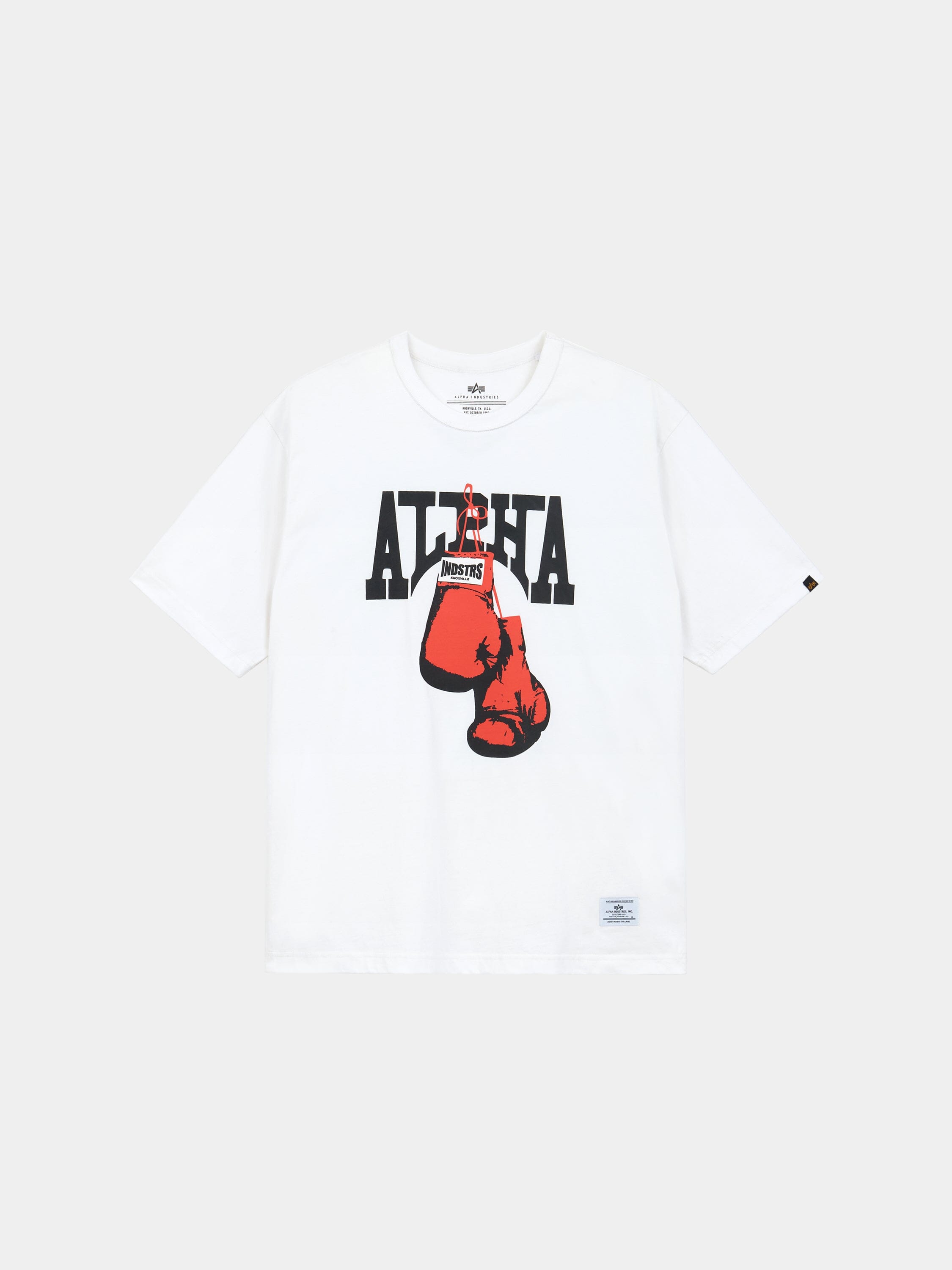 Alpha Boxer Tee by Alpha Industries in white, 100% cotton, with Ali Sha lettering and red boxing gloves graphic labeled Boxer.