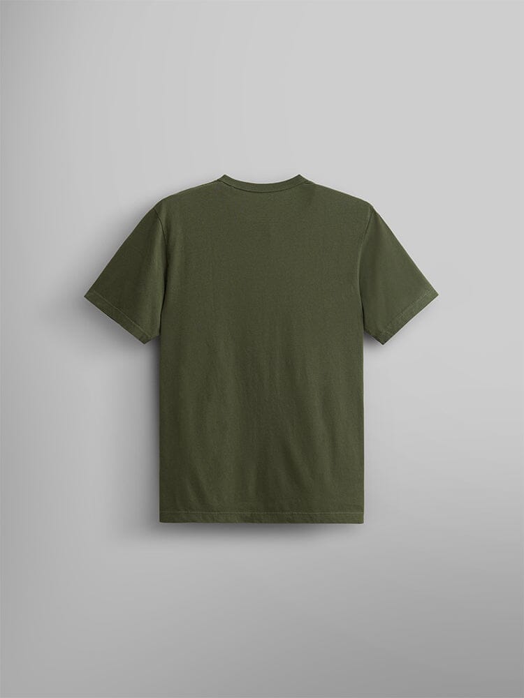 A olive green Alpha Camo Logo Tee by Alpha Industries is displayed against a gray background, showcasing the back view.
