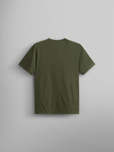 A olive green Alpha Camo Logo Tee by Alpha Industries is displayed against a gray background, showcasing the back view.