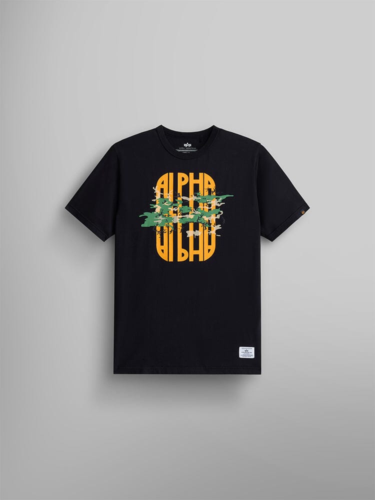 Alpha Camo Tee by Alpha Industries, yellow Alpha graphic with green camo print on black t-shirt.