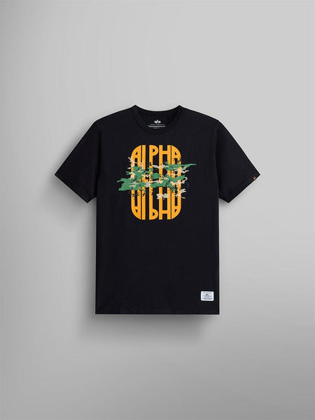 Alpha Camo Tee by Alpha Industries, yellow Alpha graphic with green camo print on black t-shirt.