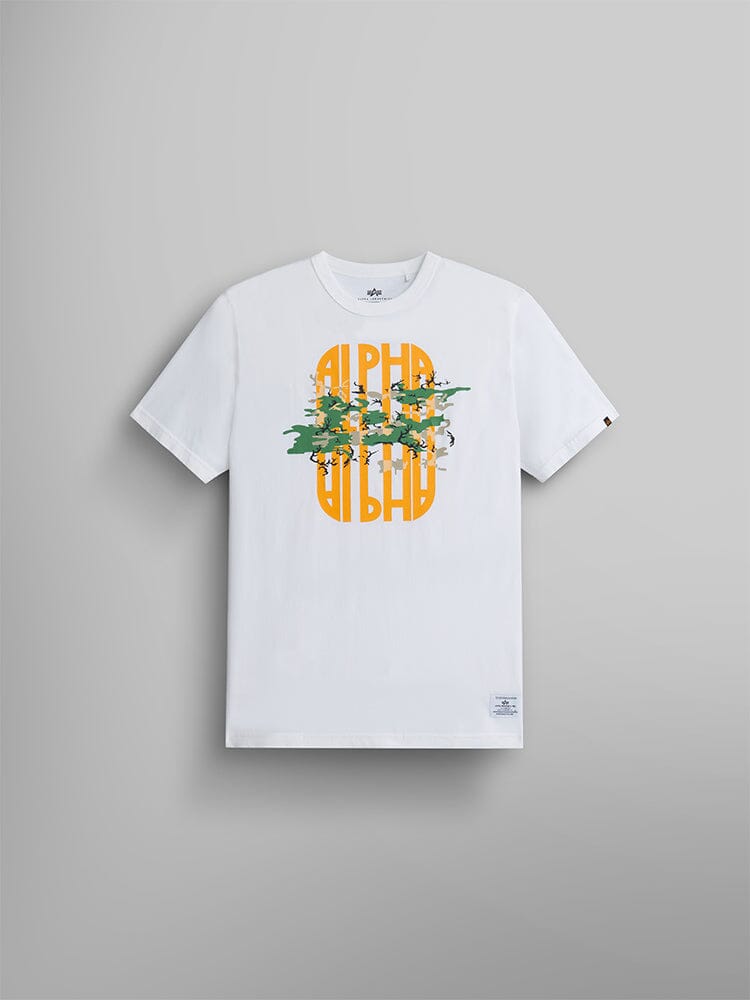 Alpha Camo Tee by Alpha Industries in White, orange oval graphic, camo-printed Alpha text on front.