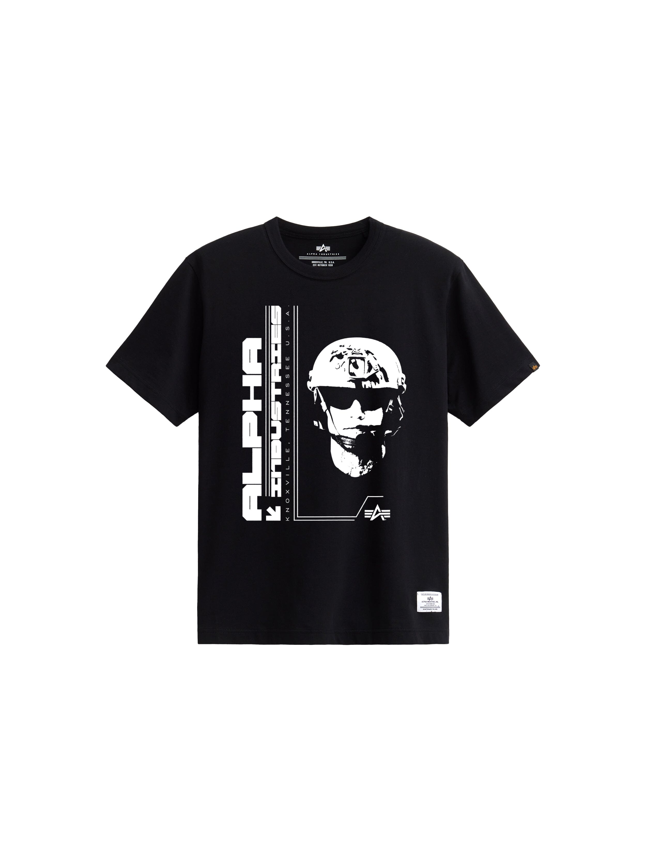 Alpha Commander Tee by Alpha Industries, black graphic tee, helmet and “Alpha Industries” print, 210 GSM fabric.