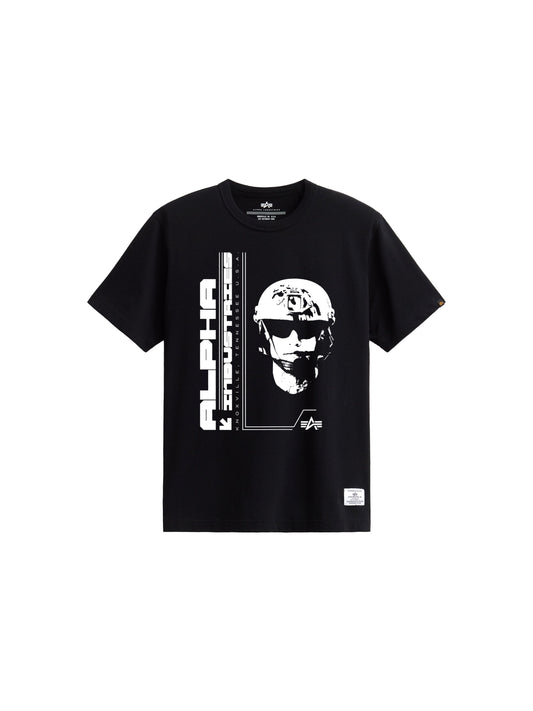 Alpha Commander Tee by Alpha Industries, black graphic tee, helmet and “Alpha Industries” print, 210 GSM fabric.